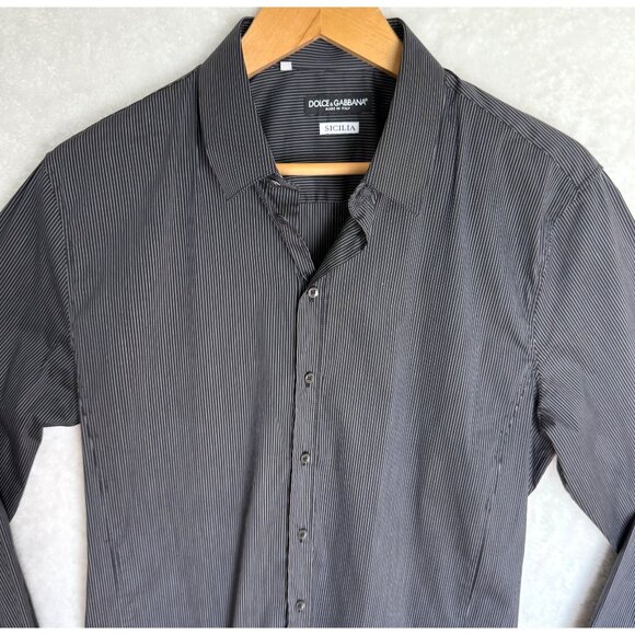 size 43/17 Dolce & Gabbana Mens Sicilia slim fit Black Pinstripe Button-Up dress - Picture 5 of 10